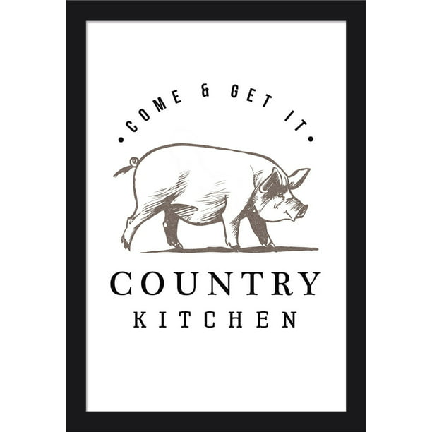 16x24 Giclee Art Print, Gallery Framed, Black Wood Country Kitchen Pig on White 
